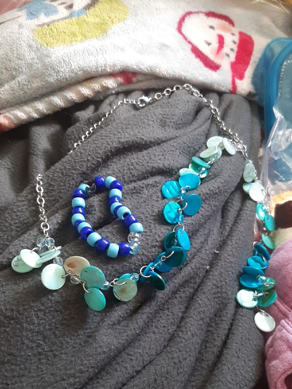 Turquoise Disc Charm Necklace and Blue Beaded Bracelet Set